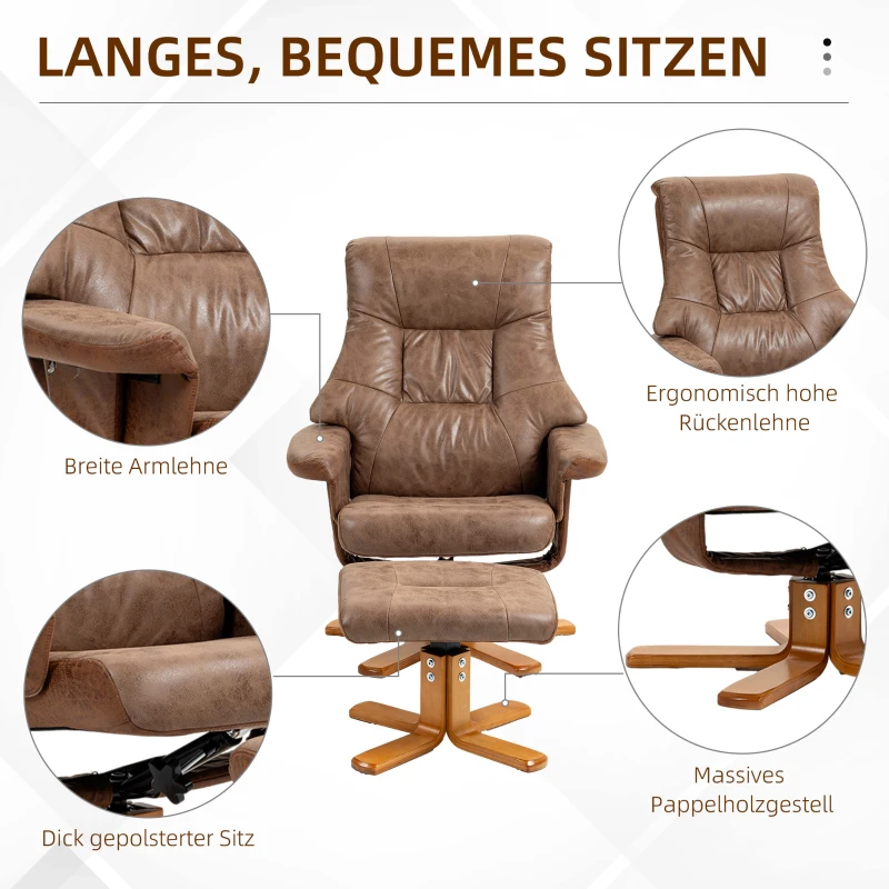 HOMCOM Relaxstoel met voetenbank, 360° draaibaar, 135° kantelbaar, ademende bekleding, 78 x 82,5 x 109 cm, bruin