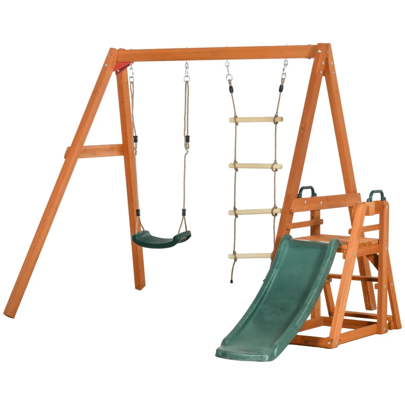 Outsunny Set con Scivolo, Altalena da Giardino e Scaletta a Corda in Legno per Bambini Età 3-8 Anni