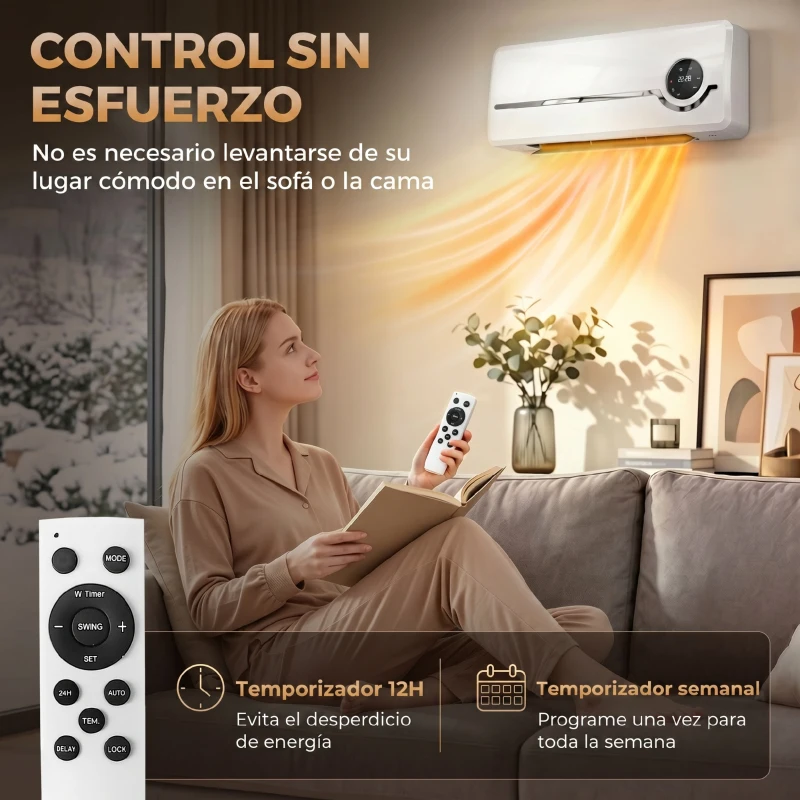 HOMCOM Calefactor Eléctrico Bajo Consumo de Pared 2000W con 3 Modos Pantalla LED Termostato Temporizador y Oscilación Blanco