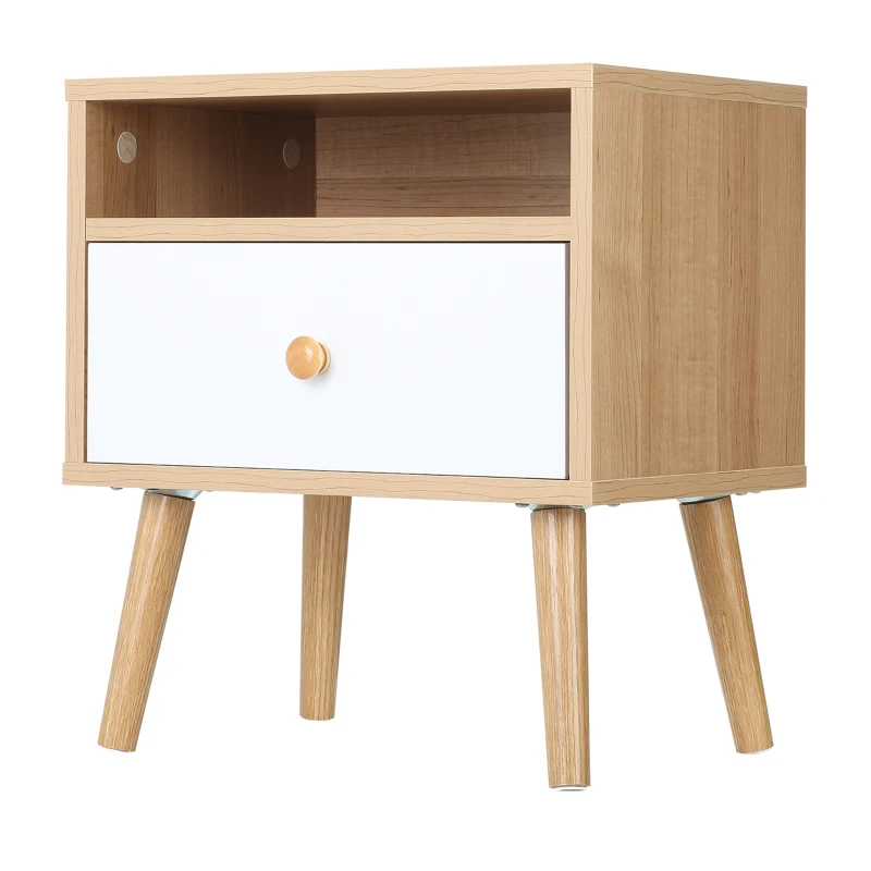 HOMCOM Bedside Table, Bedside Cabinet with Drawer and Shelf, Modern Nightstand, End Table for Living Room, Bedroom, Natural
