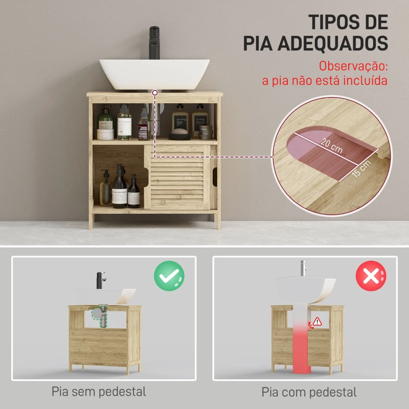 HOMCOM Móvel para Lavatório Pousar em Bambu com Portas Deslizantes de Ripas Compartimento Aberto 60x30x60 cm Madeira