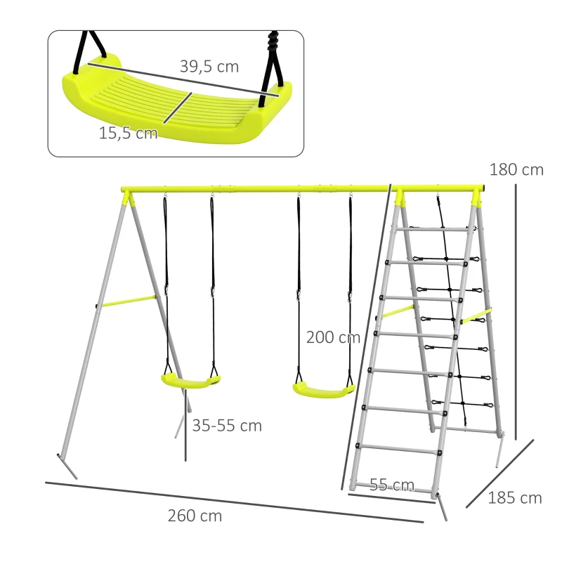 Outsunny Kinderschommelset met klimnet en sportenladder, voor kinderen van 3-8 jaar, stalen frame, groen