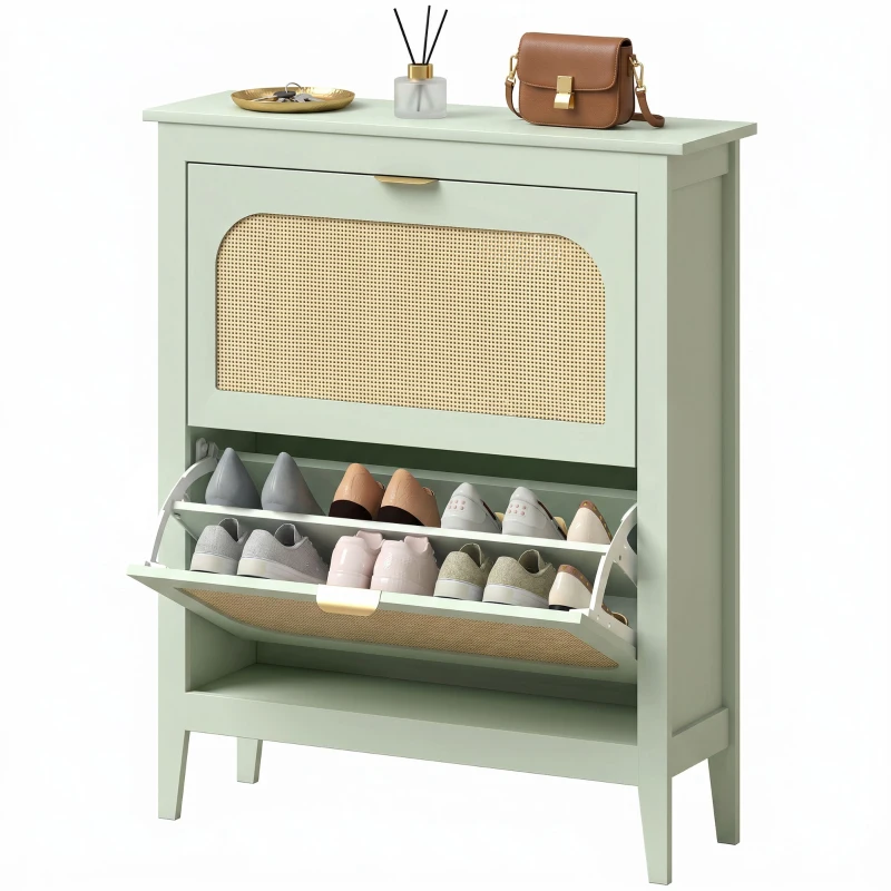 HOMCOM Narrow Shoe Cabinet, Boho Slim Shoe Storage Cabinet with 2 Flip Drawers, Holds 14 Pairs, Light Green