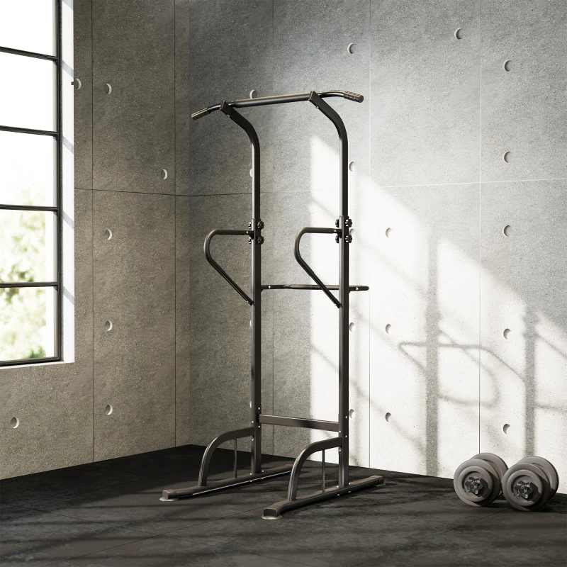 HOMCOM Power Tower Dip Station, Barre de traction, Barre de dips, Hauteur Réglable, Poignées en Forme U, 98x102x180-212cm, Noir