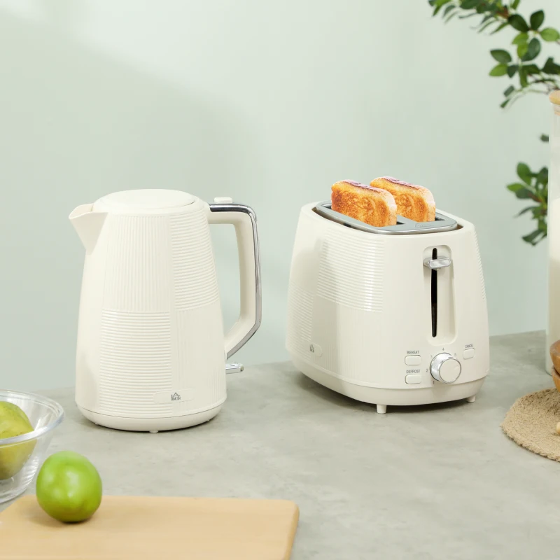 HOMCOM Conjunto de Torradeira e Jarro de Água Elétrico de Aço Inoxidável 2200W 1,7L Torradeira de Pão 2 Fatias 3 Funções Creme