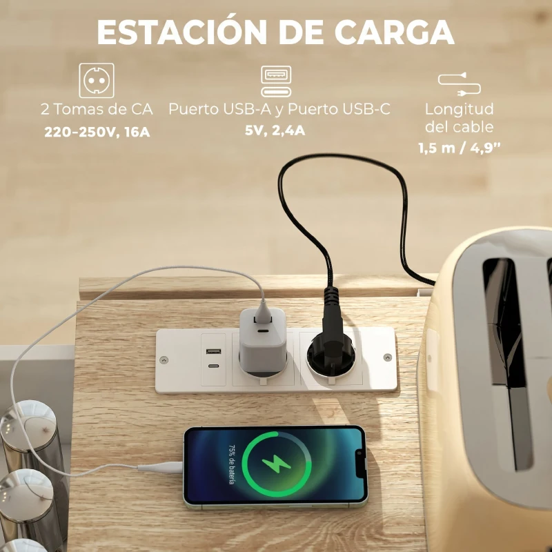 HOMCOM Isla de Cocina con Encimera Extensible Estación de Carga Ruedas 2 Puertas 3 Cajones Especiero y Toallero Blanco