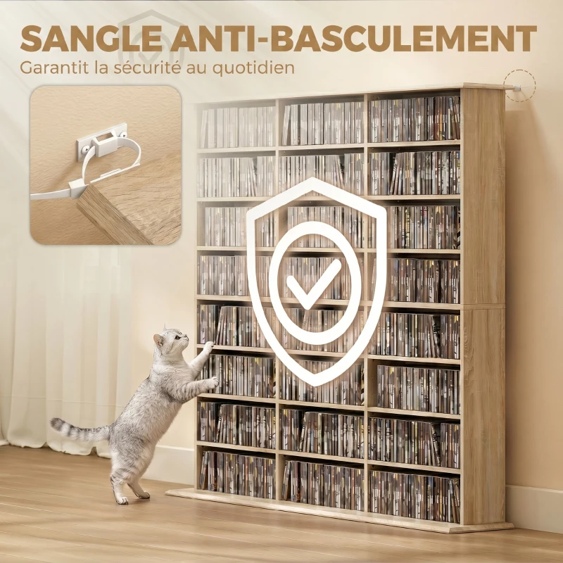 HOMCOM Meuble de rangement 1032 CDs / 594 DVDs, étagère multimédia, 24 compartiments et 18 étagères ajustables, chêne