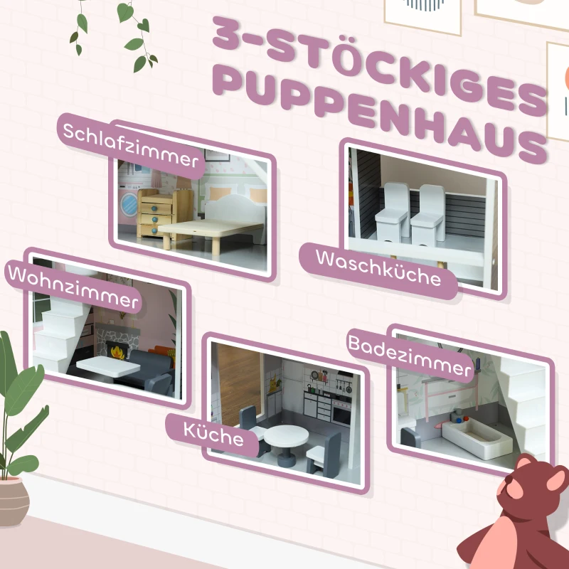 AIYAPLAY poppenhuis, 3-laags houten speelhuis met 13 meubels en trap, 85,3 cm hoog, speelgoedcadeau voor meisjes van 3-6 jaar, grijs