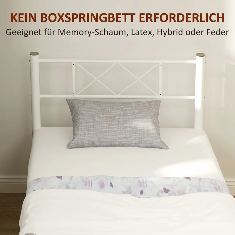 HOMCOM Eenpersoonsbedframe met Hoog Hoofdeinde, Eenvoudige Montage, Opbergruimte onder het Bed, Staal, Wit