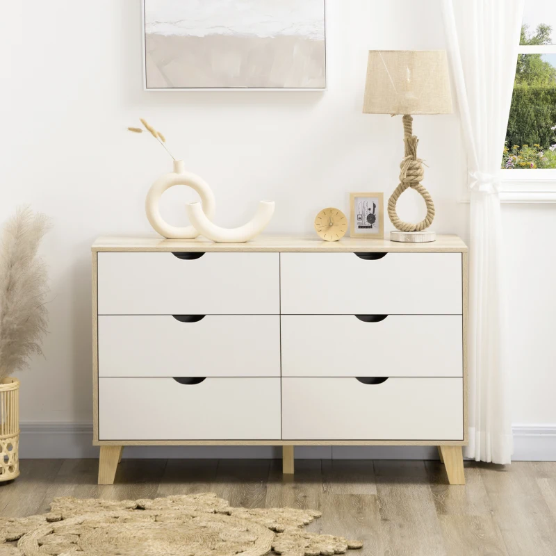 HOMCOM Cassettiera 6 Cassetti con Maniglie Intagliate in Legno, 120x40x76 cm, Bianco e Rovere