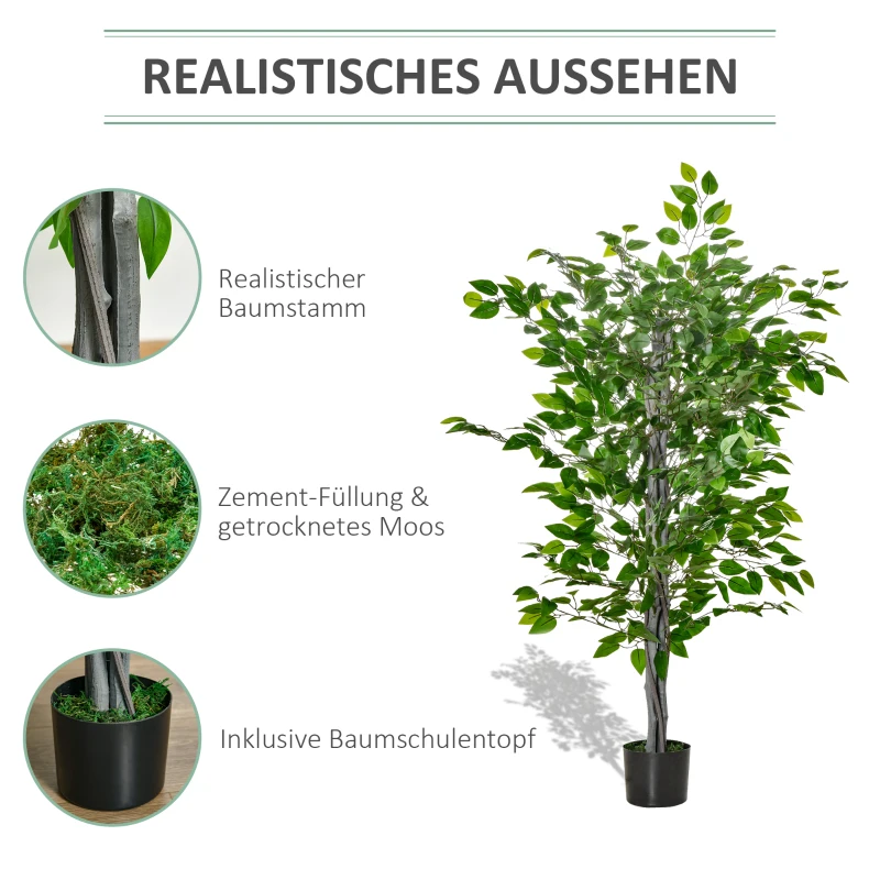 HOMCOM Kunstboom, ficus kunstplant, realistische uitstraling, cementpot, 135 cm, onderhoudsarm, kunststof, groen