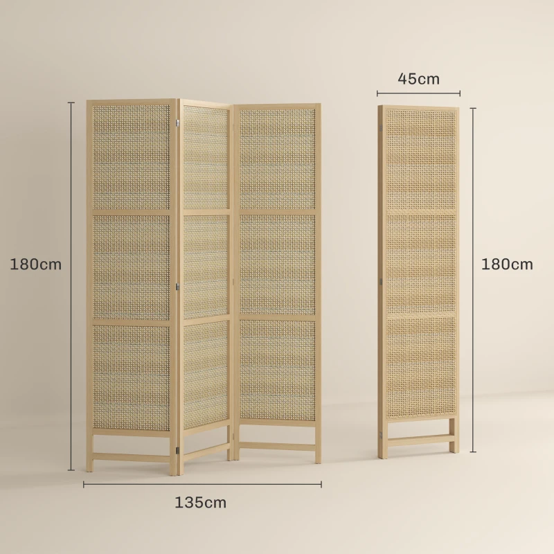 HOMCOM Driedelige, Opvouwbare Kamerscherm, 180 cm Vrijstaande Scheidingswand met Handgeweven Design voor Thuis, Natuur