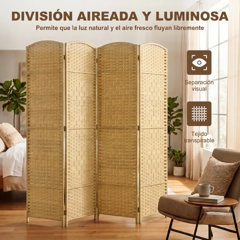 HOMCOM Separador de Ambientes de 4 Paneles Biombo Plegable 180x180 cm Pantalla de Privacidad de Polipropileno Natural