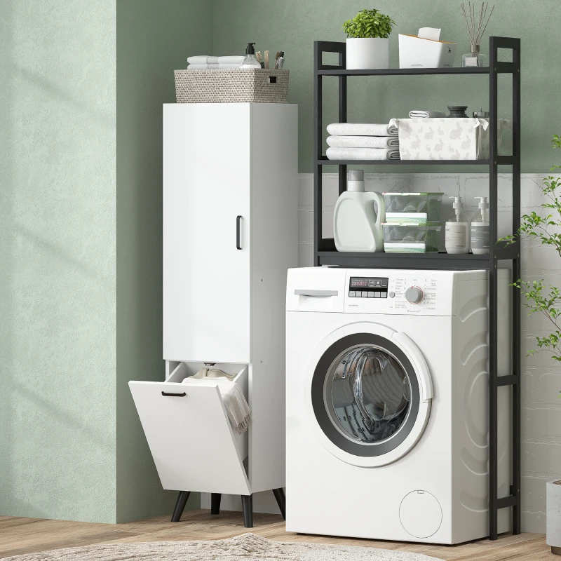 HOMCOM Armario Alto para Baño con Puertas y Estantes Cesto para Ropa Sucia en Espacios Reducidos 35x31,5x144 cm Blanco