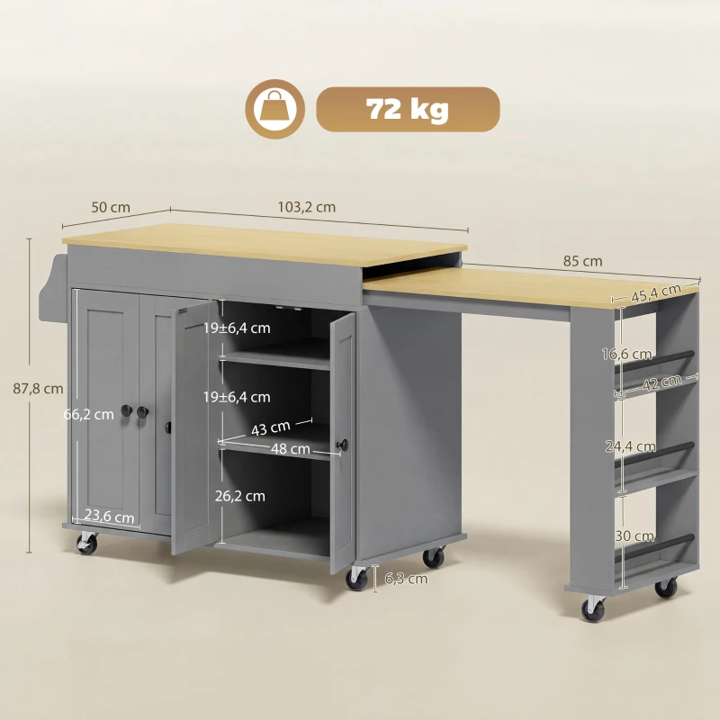 HOMCOM Isla de Cocina con Ruedas Encimera Extensible 4 Puertas Estantes Ajustables Especiero y Soporte para Toallas Gris