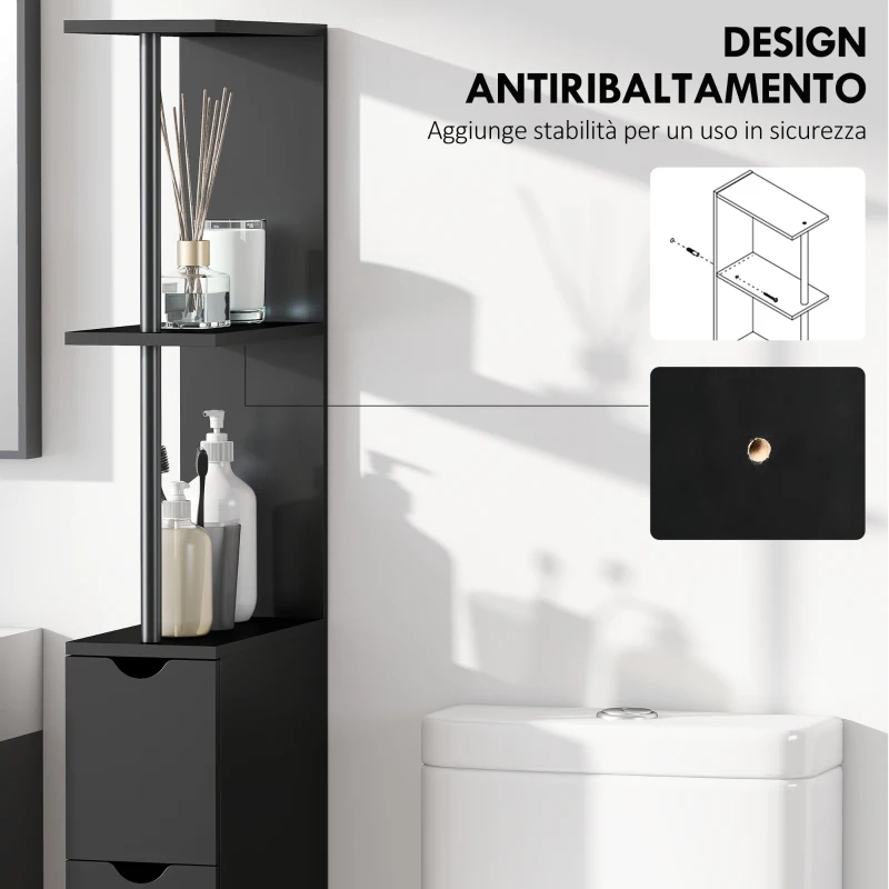 HOMCOM Mobile Colonna Salvaspazio in Legno con Ripiani, Armadietto e Cassetti, Nero, 15x33x136.8cm