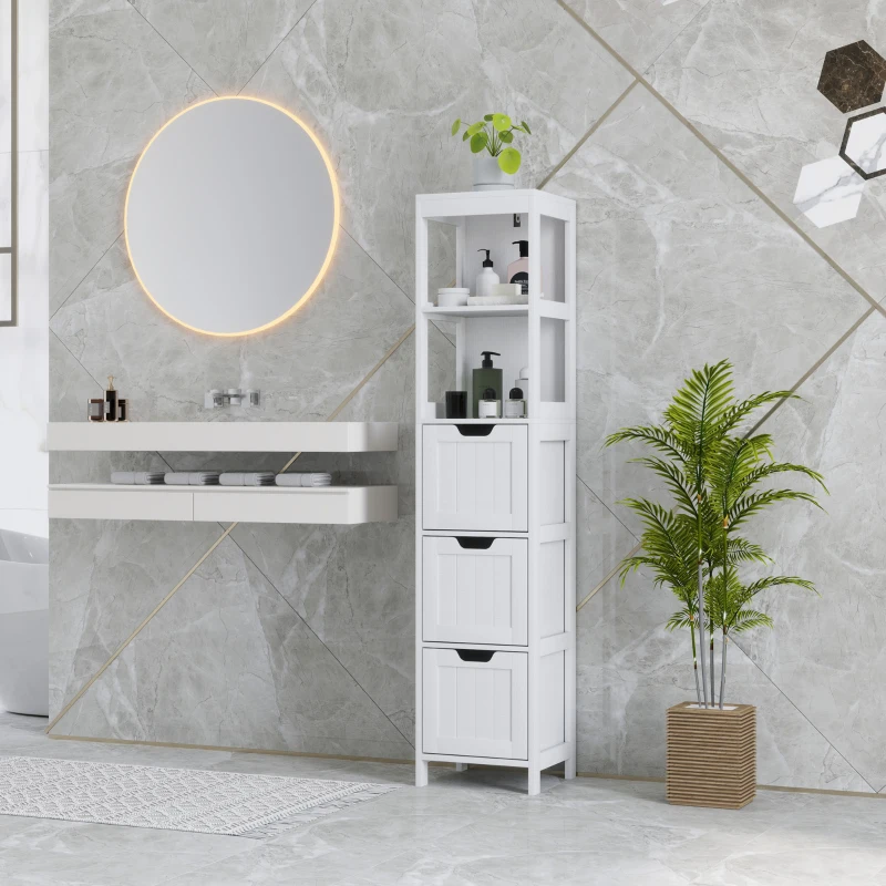 HOMCOM Badkamerkast met 3 Laden en 2 Open Schappen, Smalle Opbergkast voor Kleine Badkamer, Waterafstotend Materiaal, Wit