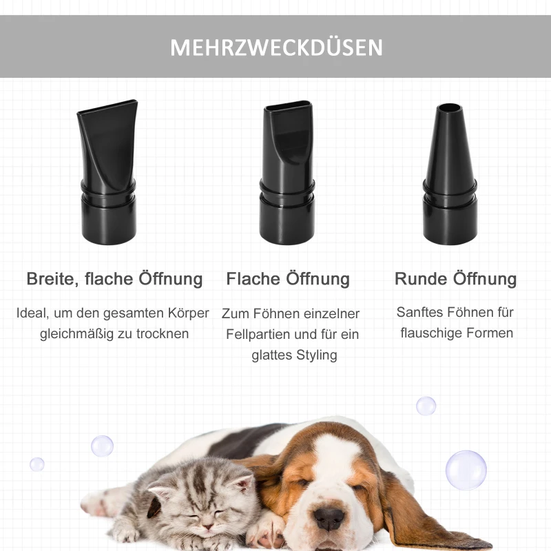 PawHut Hondenföhn Blower 2800 W Hondendroger met instelbare snelheid, temperatuurstanden, 3 mondstukken, verwarming, huisdierföhn voor honden katten huisdieren