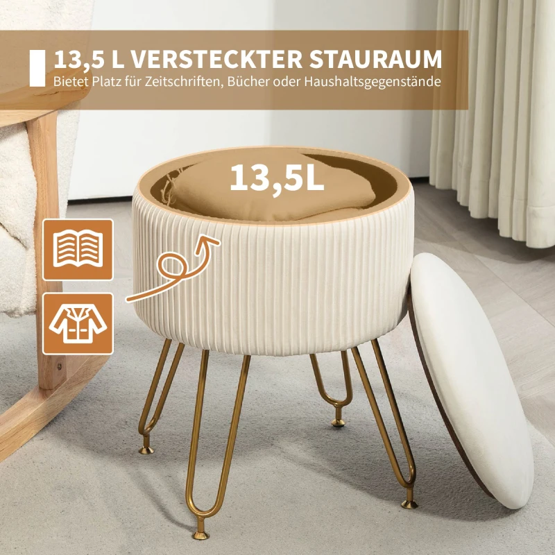 HOMCOM 2-in-1 Opbergkruk met Metalen Poten, Ronde Voetenbank voor Woonkamer, Slaapkamer, Hal, Crèmewit