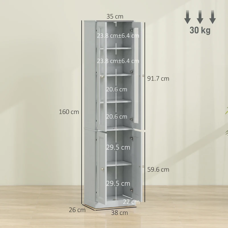 HOMCOM Tall Bathroom Storage Cabinet, 6-Tier Slim Bathroom Cabinet with Adjustable Shelf, 4 Soft-Close Doors, Dusty Blue