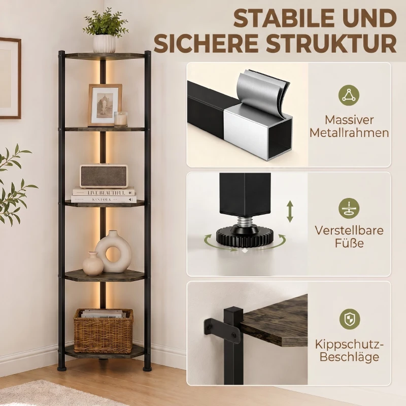 HOMCOM Boekenkast 5-laags Hoekkast met LED-verlichting voor woonkamer, slaapkamer, kantoor, Rustiek bruin