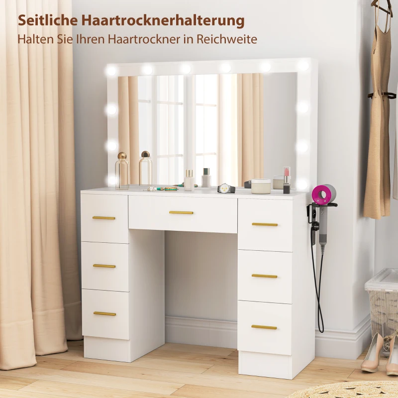 HOMCOM Kaptafel met Spiegel en 12 LED-lampen, Friseurtafel met 7 Lades, 6 Verborgen Opbergvakken, Spaanplaat, Wit(m-8)