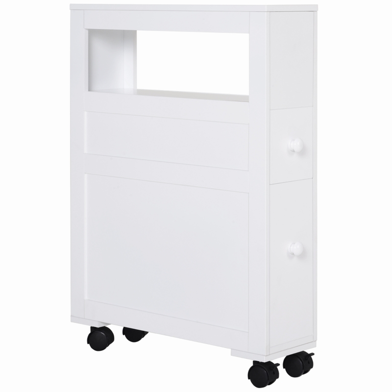 HOMCOM Armário Casa de Banho para Espaços Reduzidos com 4 Rodas Prateleira Aberta e Gavetas 16x52x71,5 cm Branco