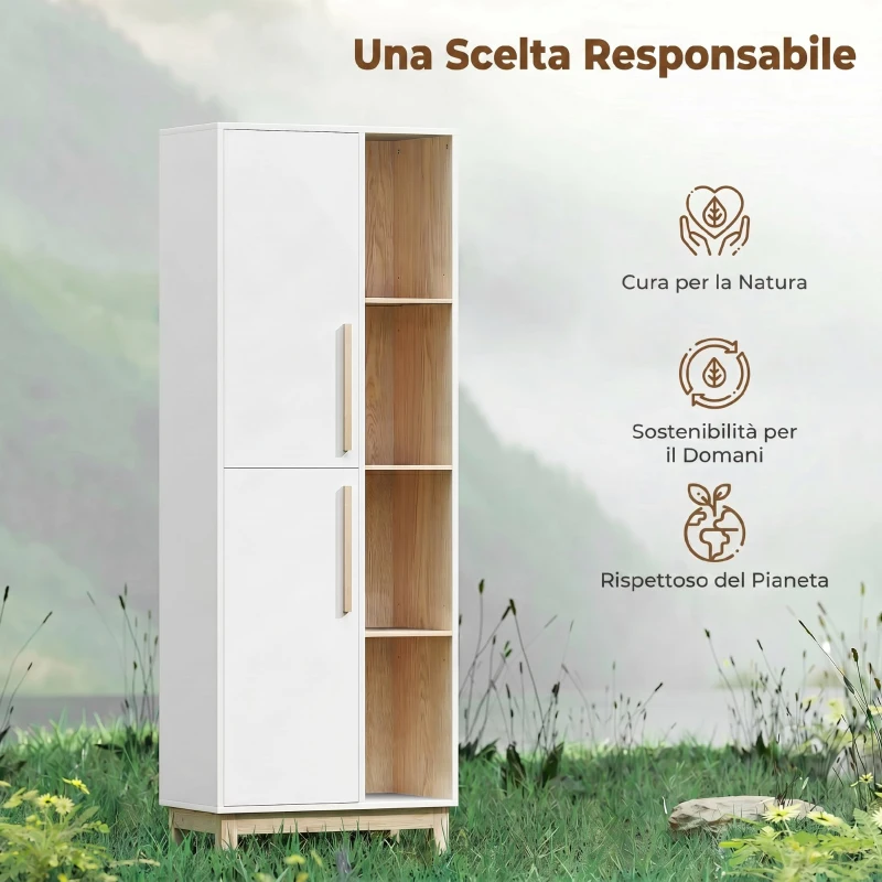 HOMCOM Mobile Bagno Alto, Mobiletto Bagno Salvaspazio con 2 Ante e 4 Ripiani Aperti, Ripiani Regolabili, per Lavanderia, 62.5x35x176 cm, Bianco