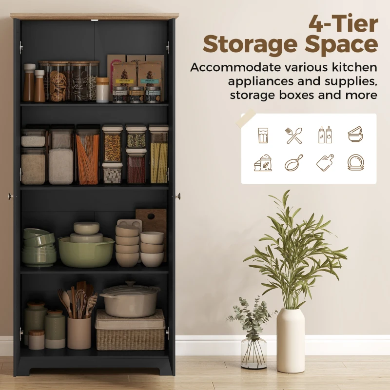 HOMCOM Kitchen Cupboard, 172cm Freestanding Storage Cabinet with Doors and Shelves, Black