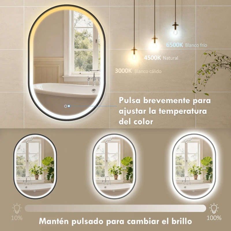 HOMCOM Espejo de Baño con Luz 60x90 cm Espejo de Pared Ovalado 3 Colores de Luz Brillo Regulable Función Antivaho Negro