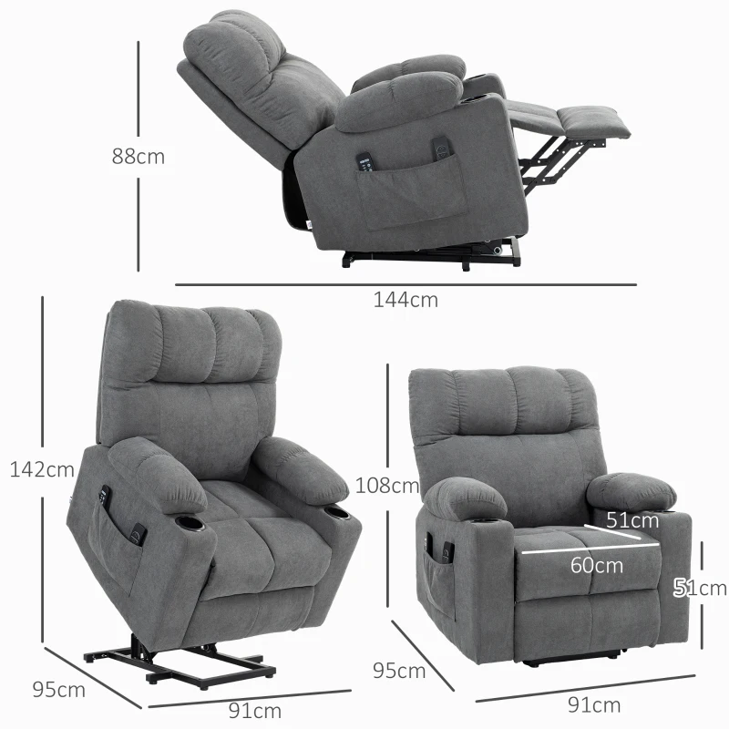 HOMCOM Seniorenfauteuil met opsta-hulp, ligfunctie, incl. afstandsbediening, 144 cm x 91 cm x 88 cm, Grijs
