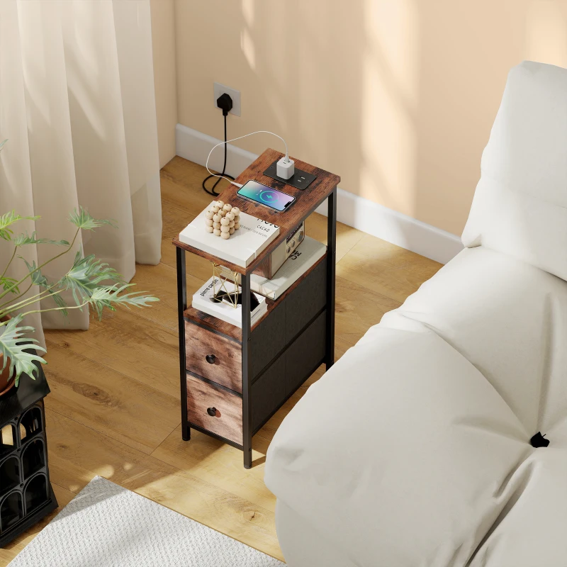 HOMCOM Side Table, Narrow Bedside Table with Charging Station, 2 Drawers, AC Outlet and 2 USB Ports for Living Room, Bedroom