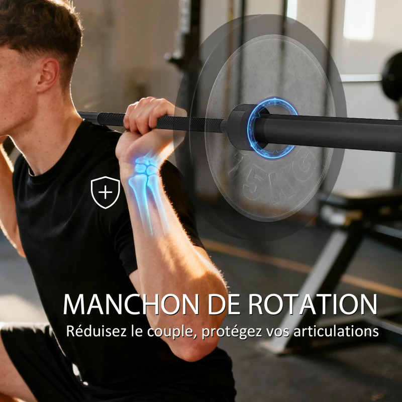 SPORTNOW Barre Olympique de 50 mm en Acier Finition Mate avec Prise Moletée et Manchons Longs, Charge 200 kg, Ø5 x 180 cm, Noir