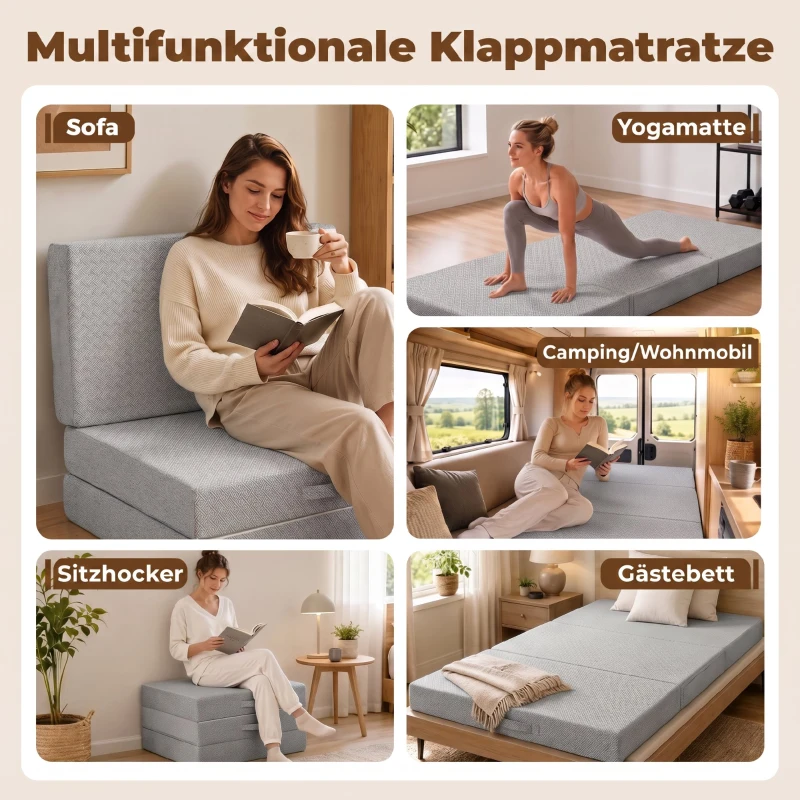 HOMCOM Opvouwbaar matras 200 x 90 cm, 15 cm opvouwbaar matras, draagbaar vloermatras met wasbare hoes, OEKO-TEX gecertificeerd