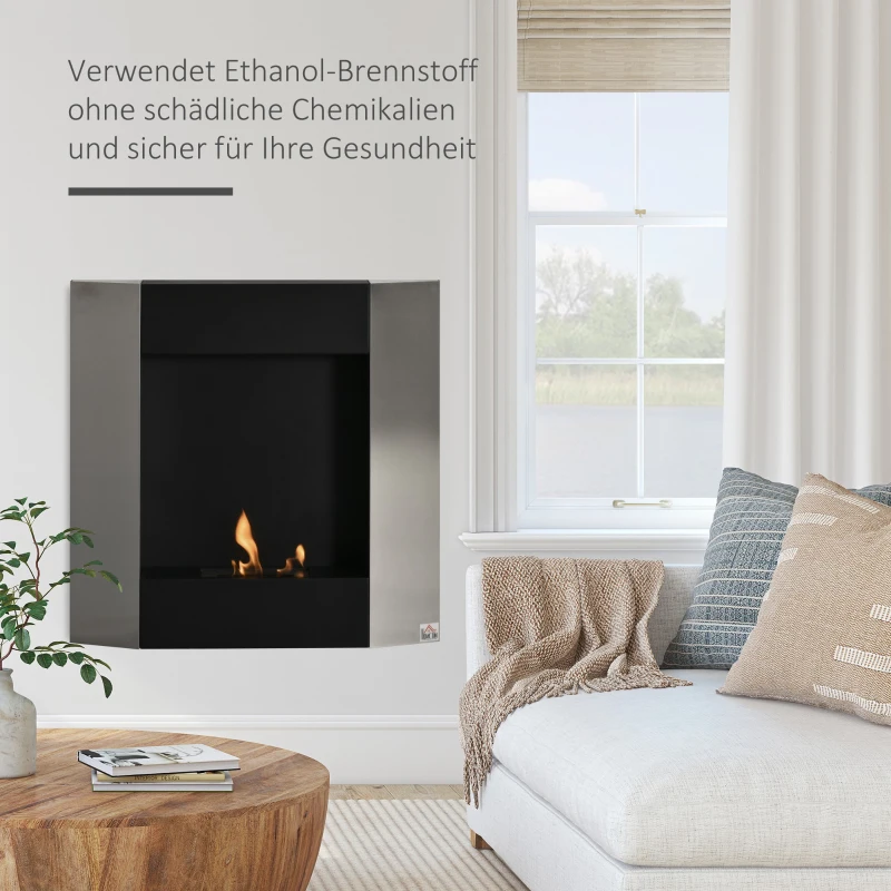 HOMCOM ethanolhaard bio-ethanolbrander 1800 W 0,7 l 1 uur. brandduur geen rook wandgemonteerd staal rvs zilver + zwart 72 x 11 x 72 cm