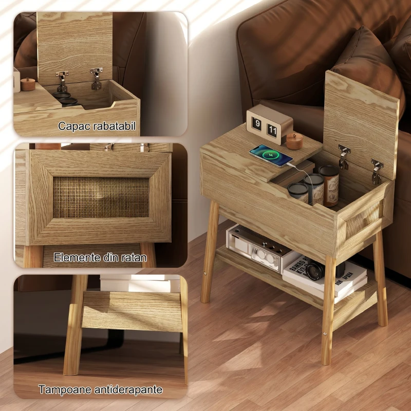 HOMCOM Măsuță de cafea în stil Boho cu raft ascuns și raft deschis, din MDF, 30x60x60,5 cm, culoare lemn