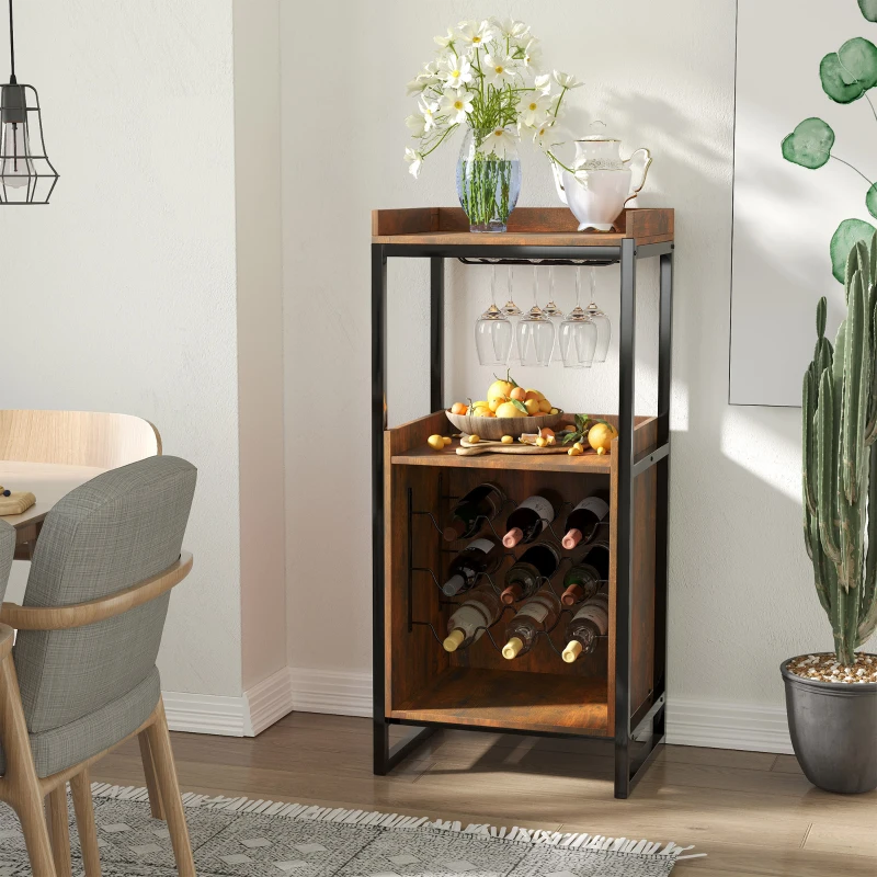 HOMCOM Casier à vin design industriel étagère à bouteilles 9 bouteilles support verres à vin intégré métal noir aspect vieux bois veinage, 52 x 40 x 113 cm, marron
