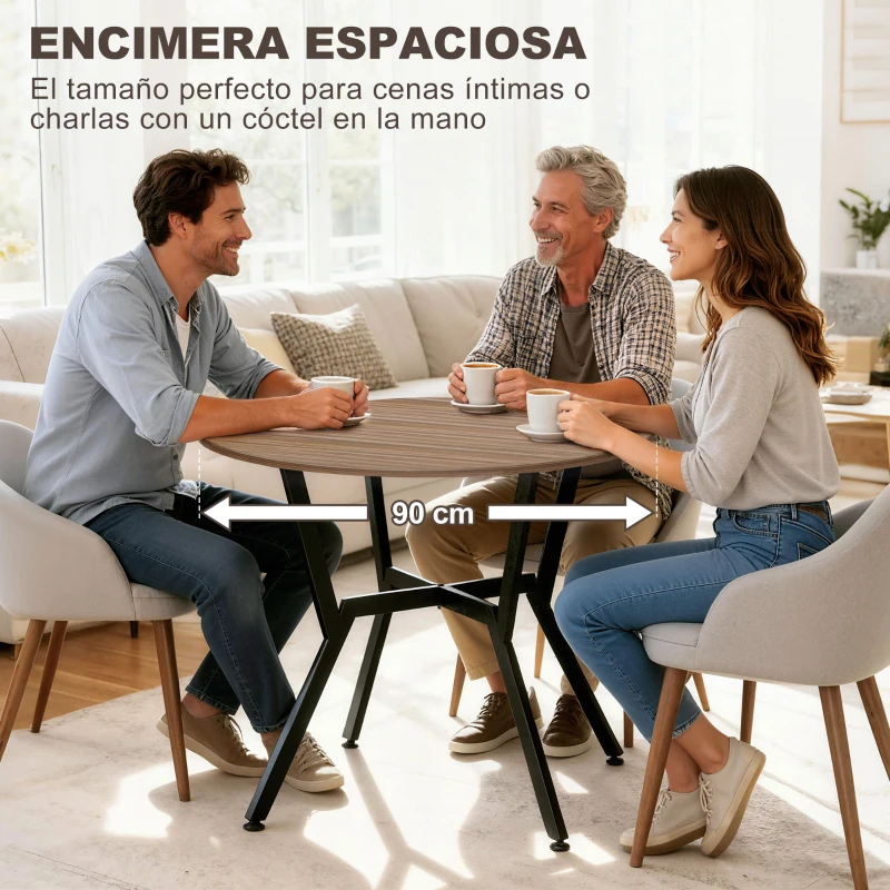 HOMCOM Mesa de Comedor Redonda de Estilo Industrial con Encimera de Madera y Marco de Acero Ø90x76 cm Marrón
