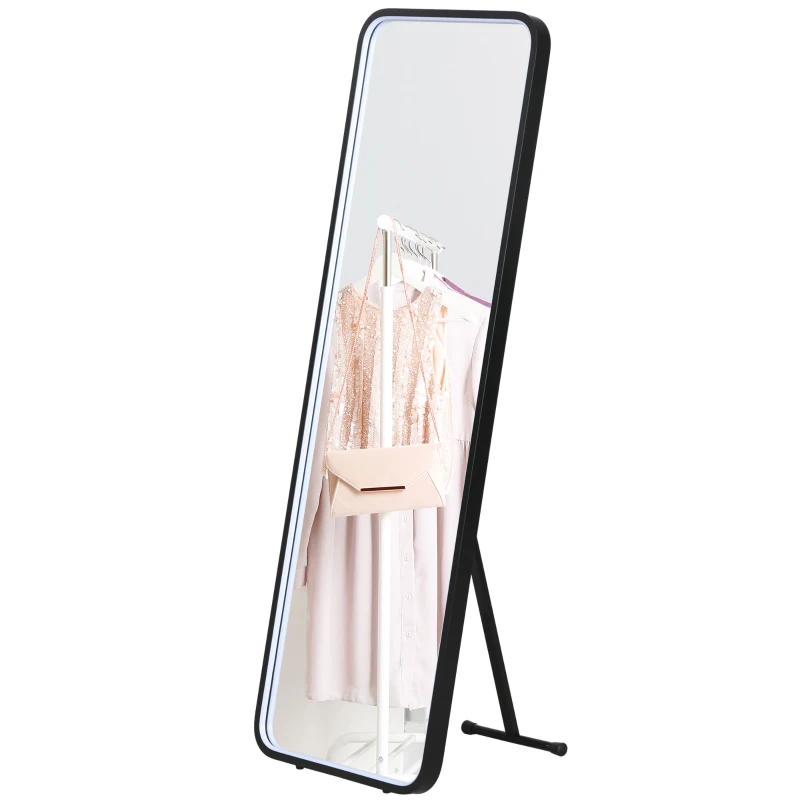 HOMCOM Espelho de Pé com Luzes LED Espelho de Corpo Inteiro 151,5x50 cm com Iluminação Ajustável e Função de Memória Preto