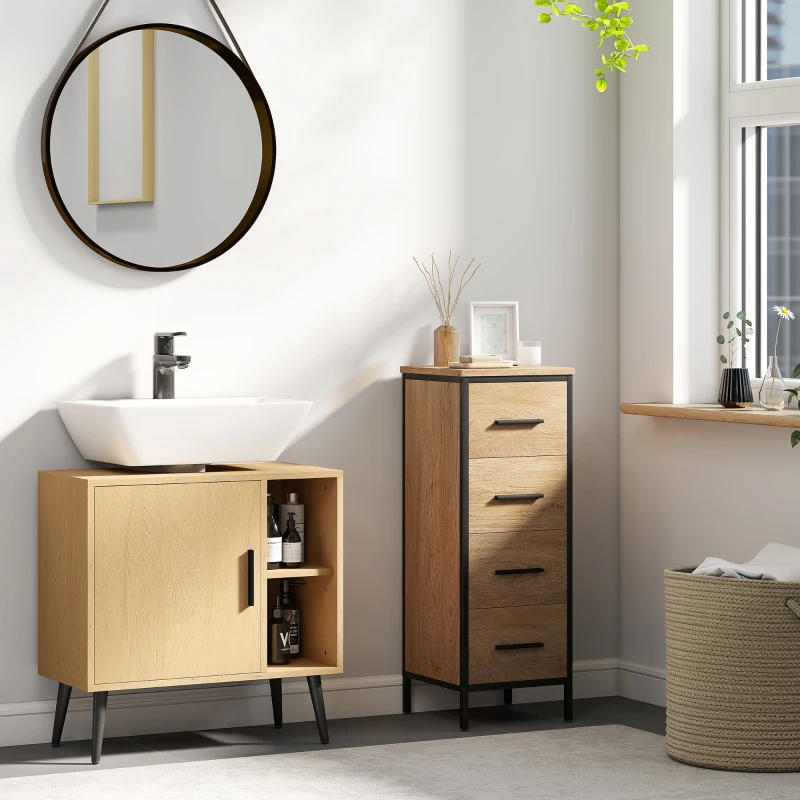 HOMCOM Meuble sous lavabo salle de bain avec porte à fermeture progressive et étagère réglable, 60 x 30 x 59,5 cm, chêne