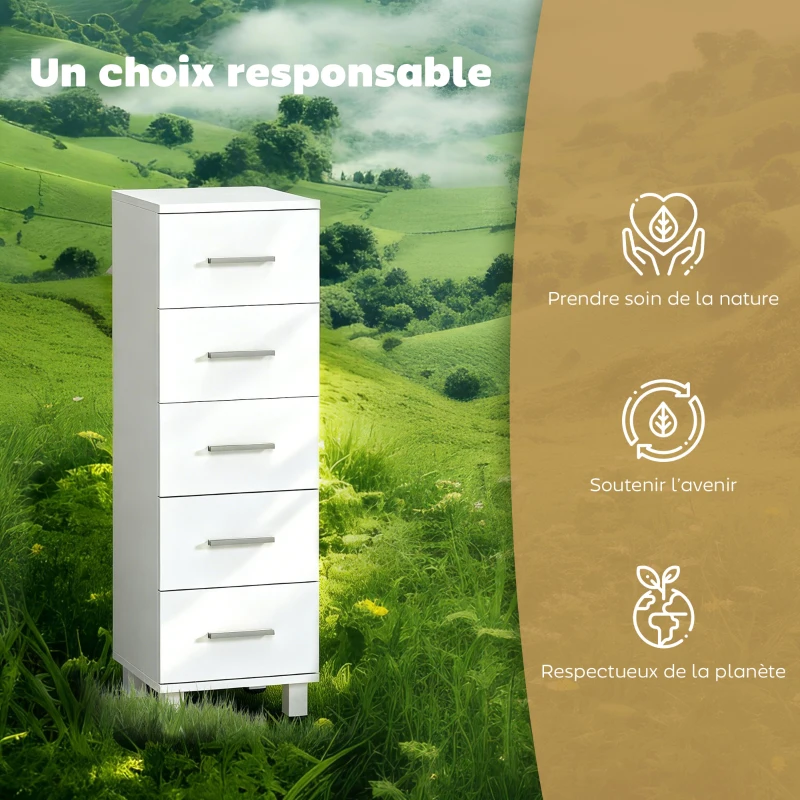 HOMCOM Meuble de Salle de Bain 5 Tiroirs, Meuble de Rangement, 30 x 30 x 95 cm, Commode Salle de Bain, 30 x 30 x 95 cm, Blanc