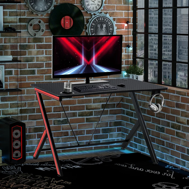 HOMCOM Gaming-Tisch Schreibtisch mit Kopfhörerhaken Getränkehalterung Computertisch Stahl + MDF Schwarz 105 x 55 x 75 cm