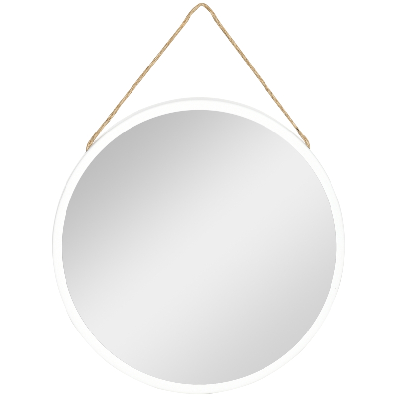 HOMCOM Espejo Decorativo de Pared 30x30 cm Espejo Redondo de Metal con Cuerda para Salón Entrada Estilo Moderno Blanco