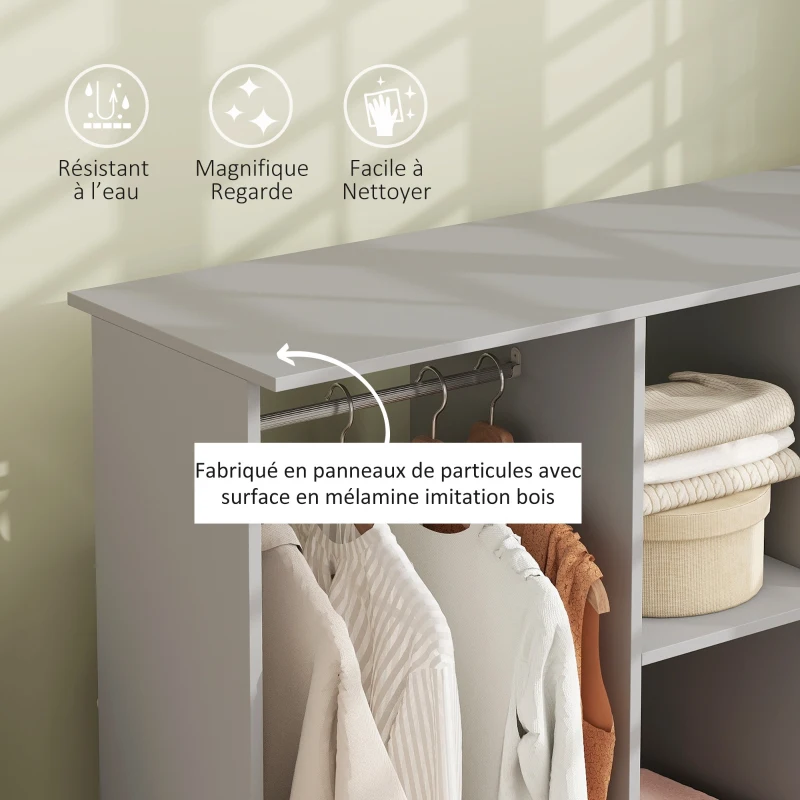 HOMCOM Armoire penderie meuble de rangement mobile 6 roulettes 120 x 40 x 128 cm en bois gris