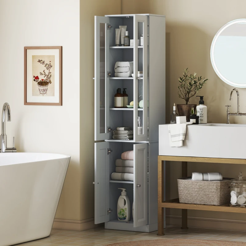 HOMCOM Tall Bathroom Storage Cabinet, 6-Tier Slim Bathroom Cabinet with Adjustable Shelf, 4 Soft-Close Doors, Dusty Blue