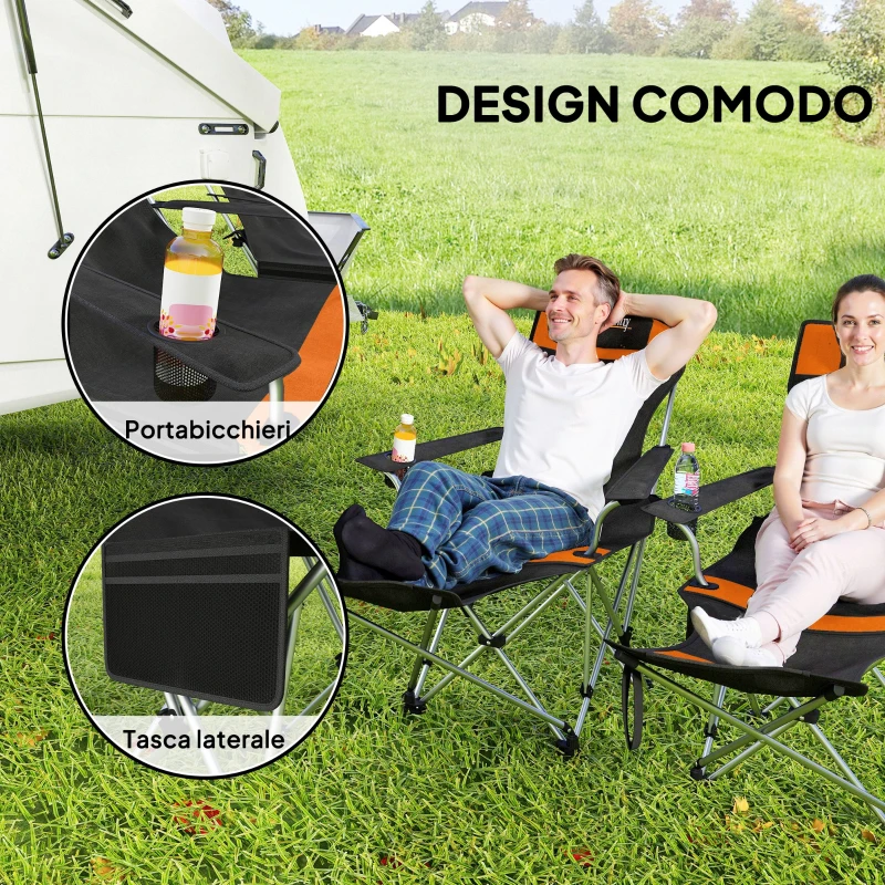 Outsunny Set 2 Sedie da Campeggio Pieghevoli con Poggiapiedi e Portabicchieri, 82x50/100x88 cm, Nero e Arancione