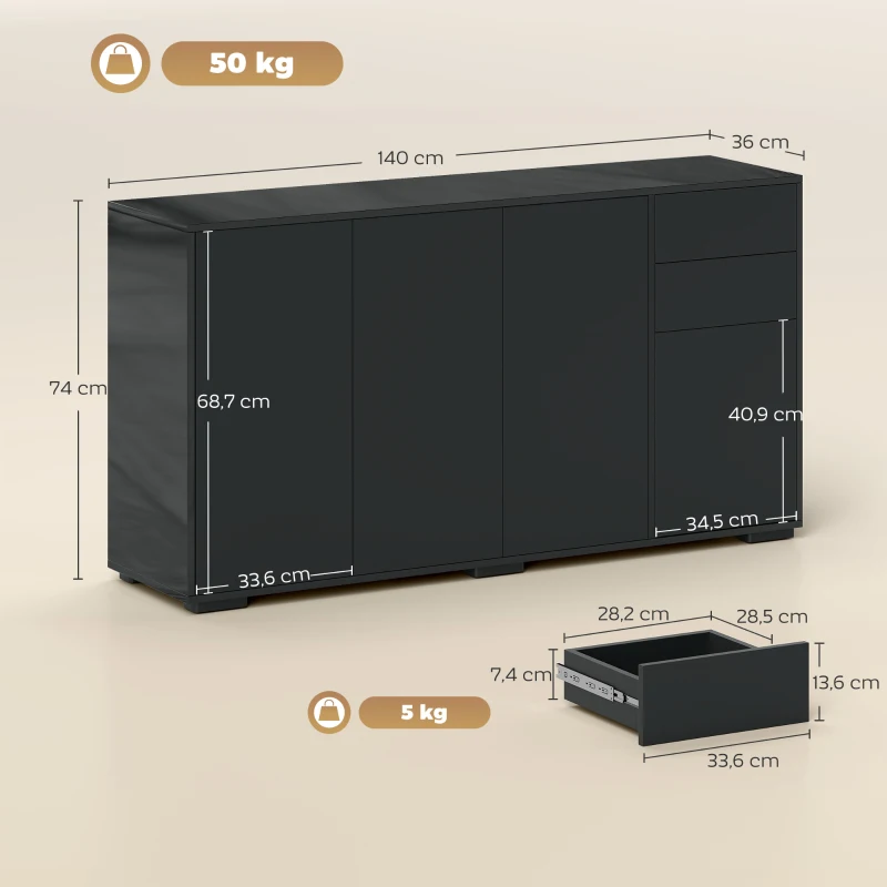 HOMCOM Buffet meuble de rangement 2 tiroirs coulissants 4 portes étagère réglable panneaux de particules 140 x 36 x 74 cm noir