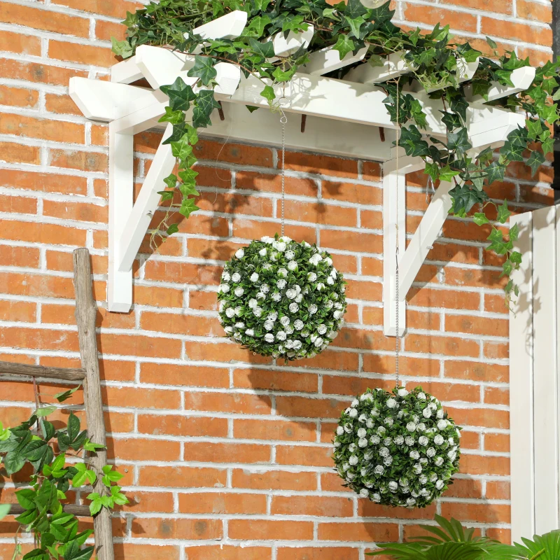 HOMCOM Set of 2 Decorative Artificial Plants, UV-protected Artificial Plant Topiary Rose Balls, Fake Plants for Home Indoor outdoor Decor, 28cm, White