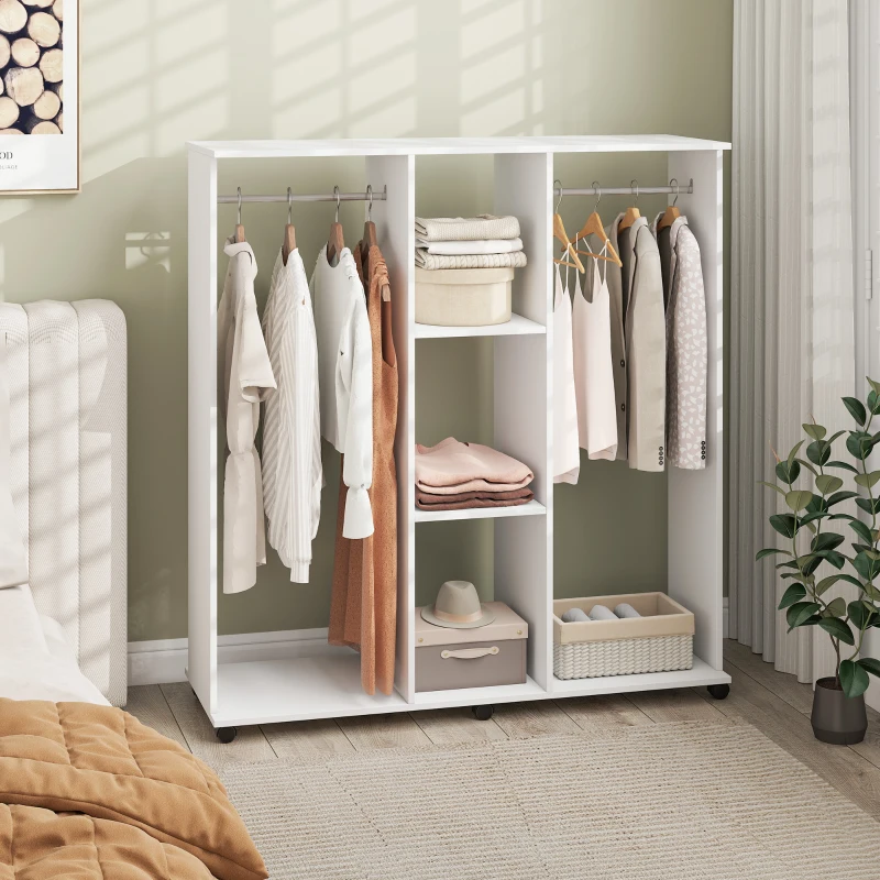 HOMCOM Armoire penderie meuble de rangement mobile 6 roulettes 120 x 40 x 128 cm en bois blanc