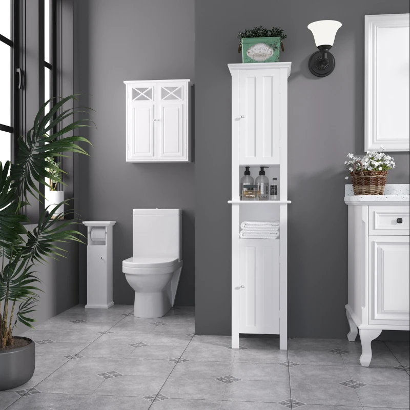kleankin Meuble de salle de bain support papier toilette avec placard et sortie papier en bois blanc